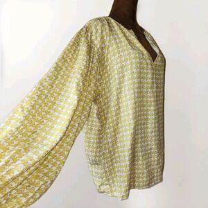 Brooke Wright Blouse Size M Relaxed Boho‎ Peasant Yellow Green Houndstooth USA